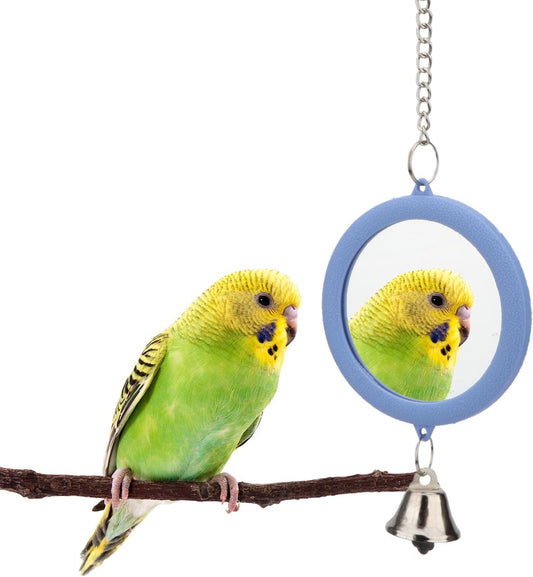 Hypeety Pet Bird Mirror with Bell Interactive Parrot Toy Bird Cage Mirror for Cockatiel Parakeets Canaries Budgie (Blue)