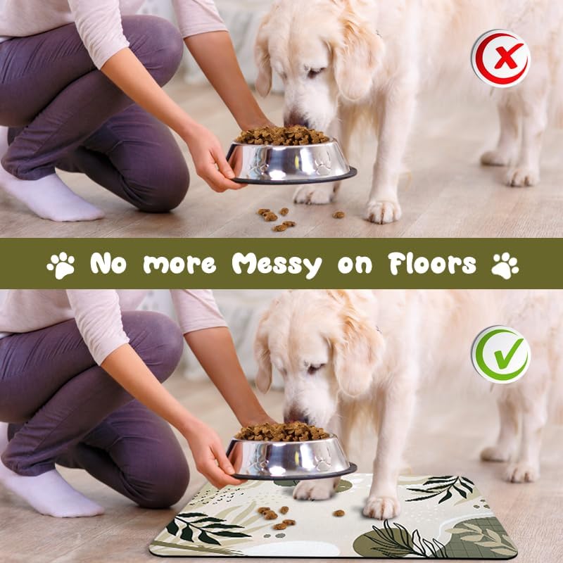 Dog Food and Water Bowl Mats - Waterproof, Absorbent Pet Feeding Placemats for Floors - Bohemia Tropical Leaves Design, 24 * 32 Inch