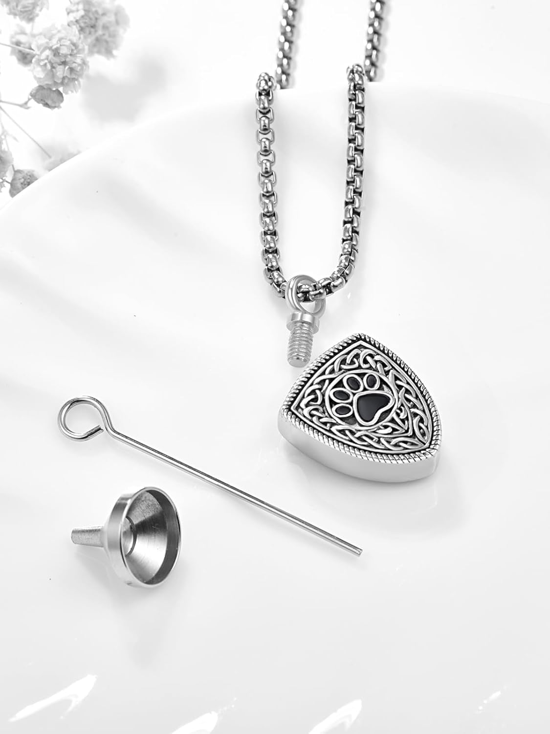 Pet Cremation Urn Necklace for Dog Cat Ashes 925 Sterling Silver Paw Print Keepsake Pendant Celtic Knot Memorial Jewelry for Women Men