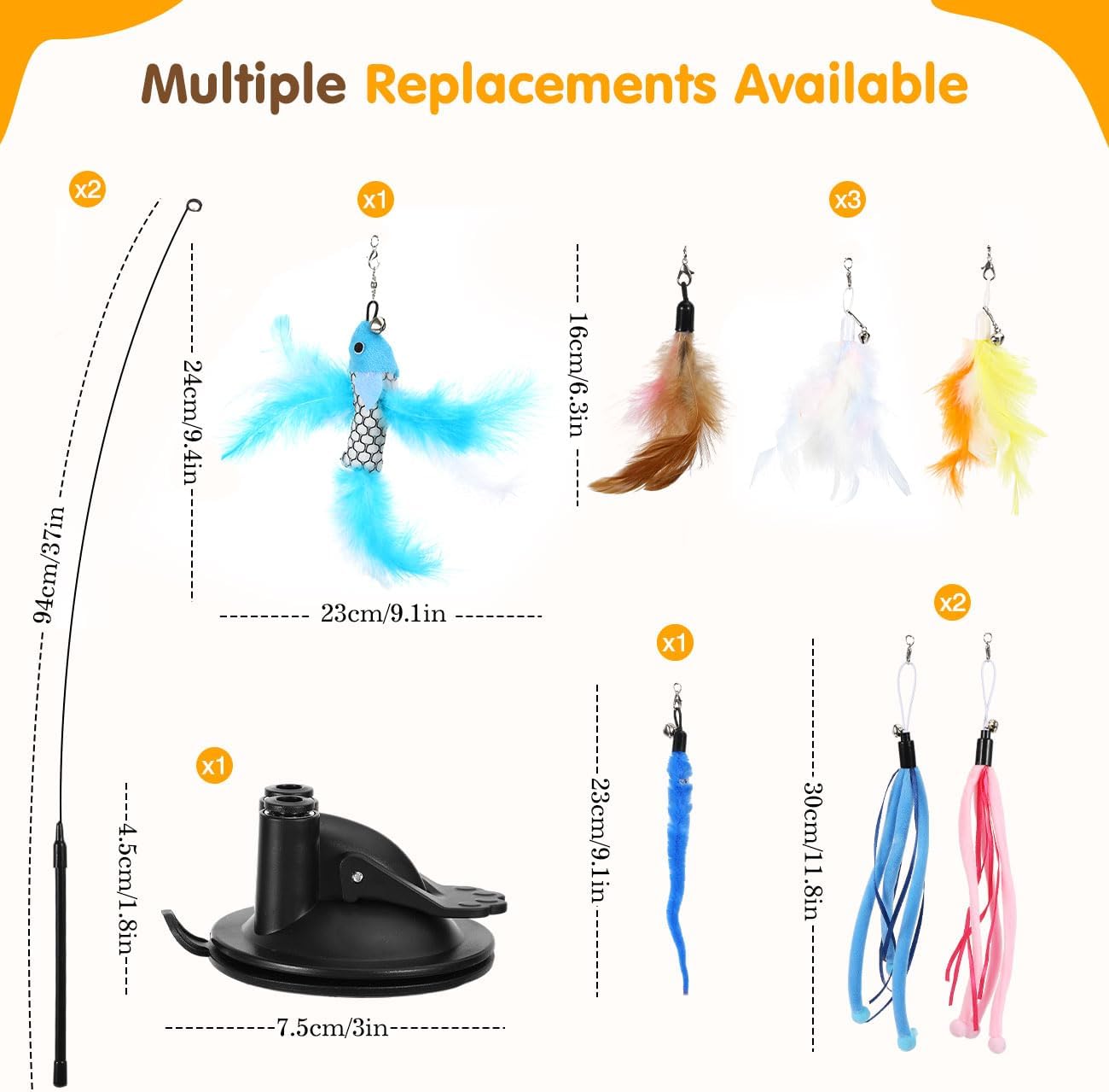 Pawaboo Cat Feather Toys, Interactive Cat Wand Toy with 2-Slot Super Suction Cup, Detachable 2 PCS Spring Cat Wand & 7 PCS Cat Teaser Replacement with Bells, Funny Kitty Toys for Indoor Kittens Play