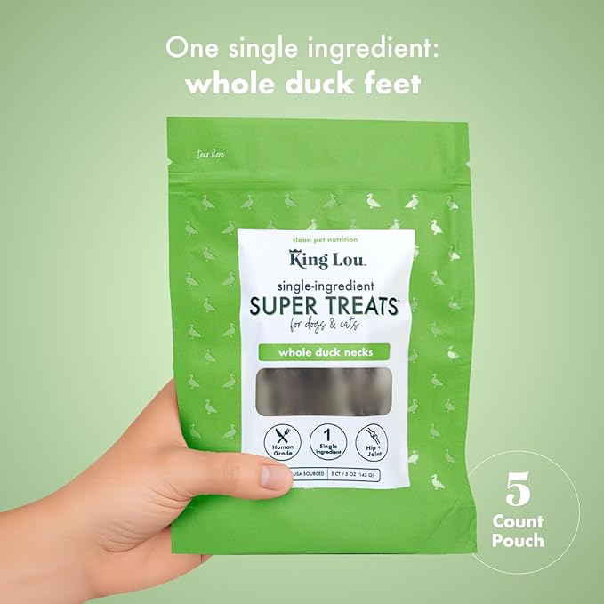 King Lou Pets - Whole Duck Necks for Dogs and Cats - Single Ingredient Dog Treat - Dehydrated Cat Treats - USA-Made Dog and Cat Treats - Supports Hip and Joint Health - 5 Count