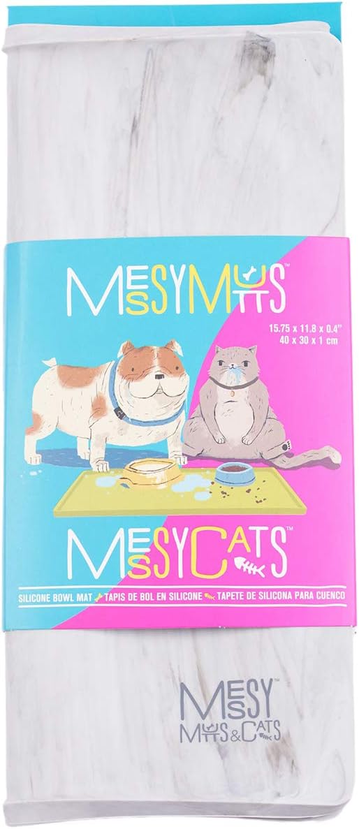 Messy Mutts & Cats Silicone Non-Slip Pet Bowl Mat with Raised Edge | 16” x 12” Dog/Cat Bowl Mat with Spill-Proof Lip | Marble