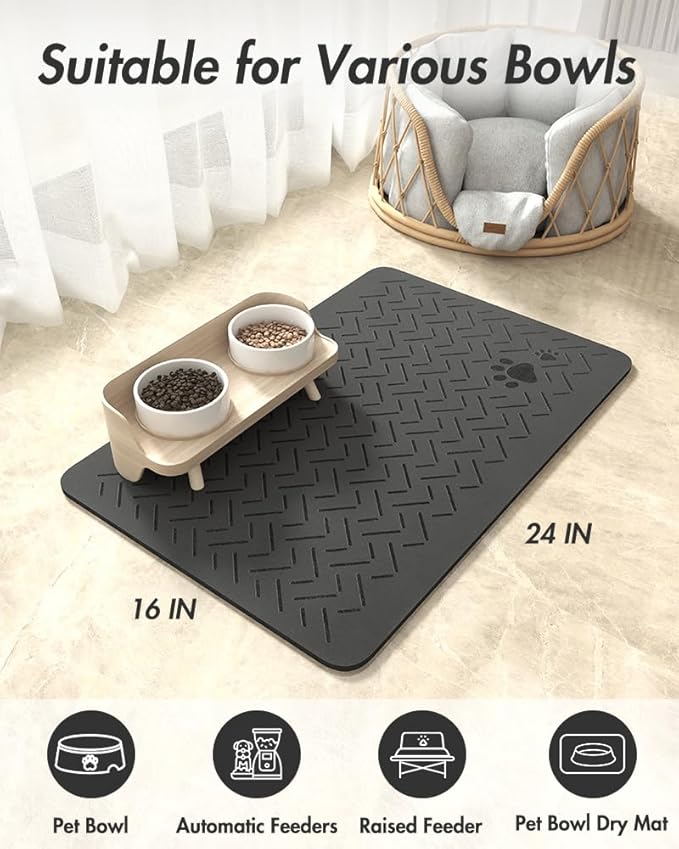 MontVoo-Absorbent Pet Feeding Mat-No Stains Quick Dry Dog Mat for Food and Water Bowl-Rubber Backing Dispenser Mat Accessories Supplies-Dog Bowl Messy Drinkers,Dark Grey