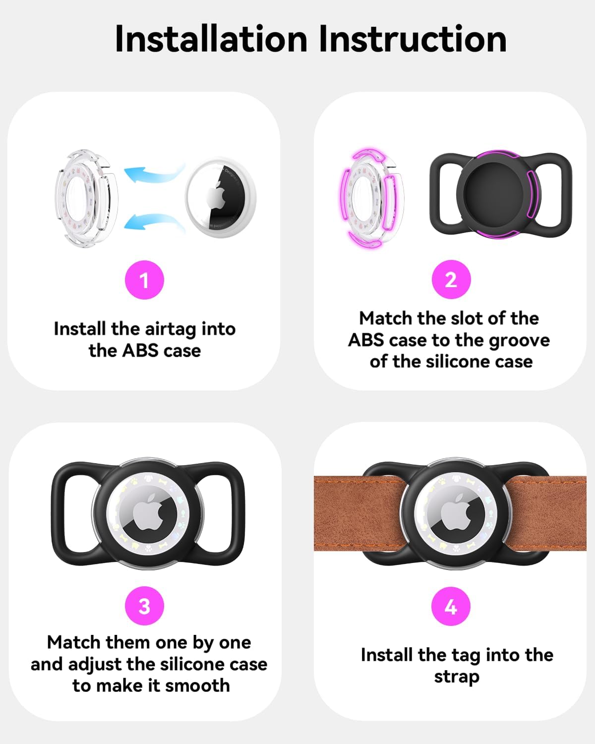 Airtag Dog Collar, Waterproof Airtag Holder for Dog Collar & Cat Collar Slicone Full Body Covered Pet Air Tag Holder (Pink, Regular)