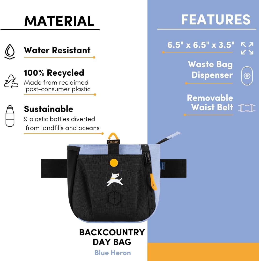 OllyDog Backcountry Day Bag | Hands-Free Dog Training Treat Pouch | Fanny/Hip Pack with Zipper Closure & Built-in Poop Bag Dispenser | Removable Waist Clip (Blue Heron)