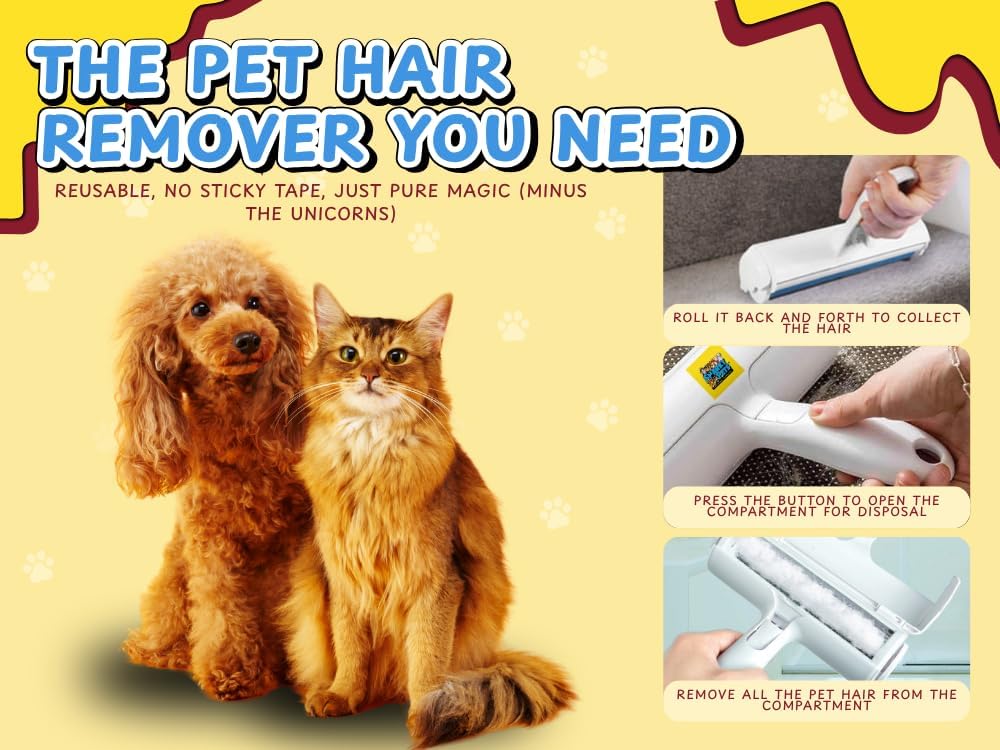 Pet Hair Roller – Reusable Pet Hair Remover for Furniture, Carpet & Car – Dog & Cat Hair Lint Roller – Pet Odor & Fur Buster – Grooming Essential & Upholstery Cleaner – Sticky, No Refills