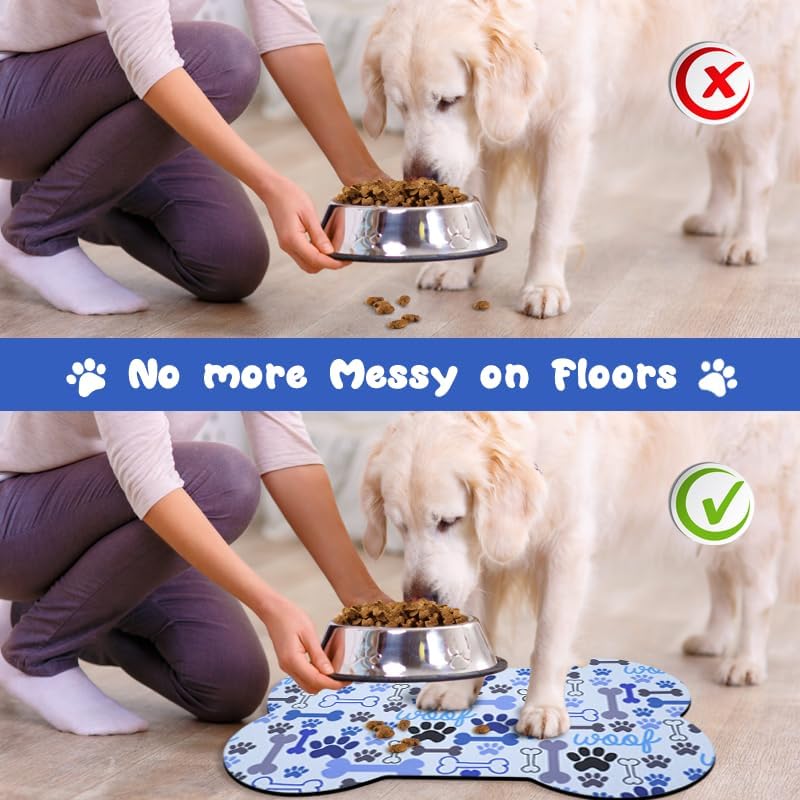 Dog Food Mats for Floors Waterproof, Pet Feeding Absorbent Water Bowl Mat Cat Placemats Blue Bone Shape 19 * 12 inch