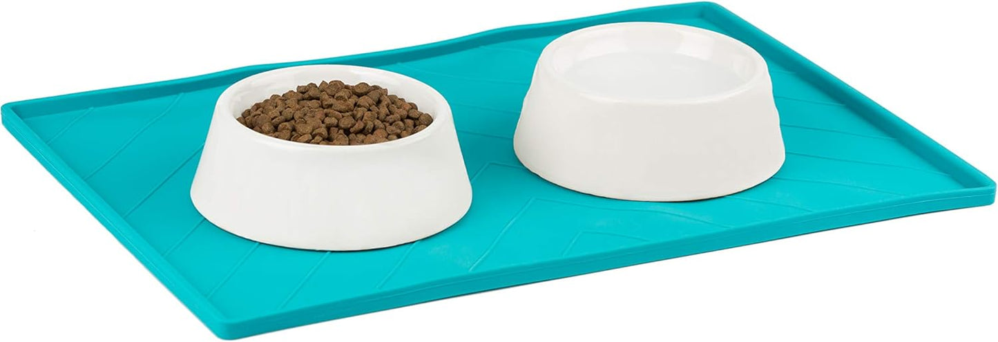 Messy Mutts Silicone Non-Slip Dog Bowl Mat with Raised Edge and Two Sides Reinforced with Metal Rods | Dog/Cat Bowl Mat with Spill-Proof Lip | Large, 24” x 16” | Blue