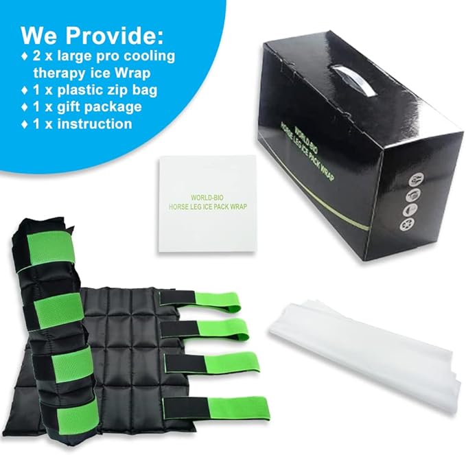 WORLD-BIO Horse Ice Boots Set of 2 /Horse Ice Pack for Injuries, Therapy Full Leg Ice Boot Cold Pack with Flexible Straps for Hock, Ankle, Knee, Legs and Hooves, 16.9'' x 16.1'' Green