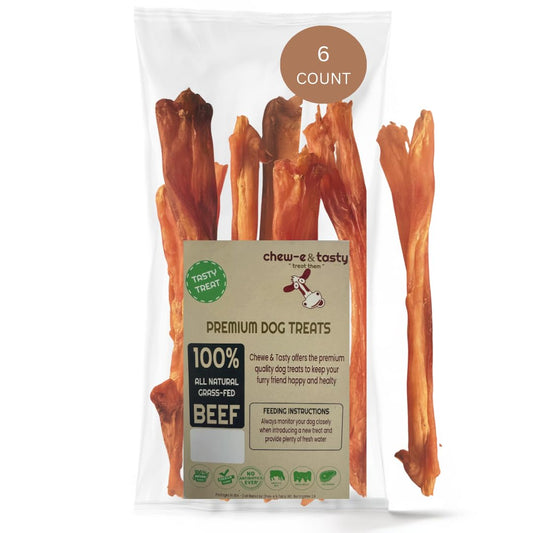 chew-e&tasty Beef Tendon Chews for Dogs (7-10 Inch, 6 Pack), All Natural Rawhide Free Dog Chews, Long Lasting w/Chondroitin & Glucosamine, Dental Health for Small, Medium, Large Dogs