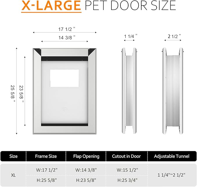 [Classicmacher] Heavy Duty Doggie with Two Sliding Lock Panel, Aluminum Large Dog Door for Exterior Door, Magnetic Double Flaps for X-Large and Large Dog Up to 200LBS(X-Large,Silver)