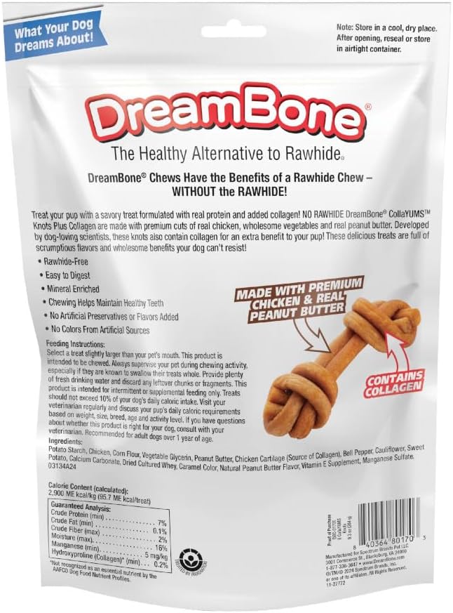 DreamBone CollaYUMS Knots Plus Collagen Chews for Dogs, 8 Count, Treat Your Dog to Rawhide-Free Chews Made with Chicken, Vegetables and Peanut Butter