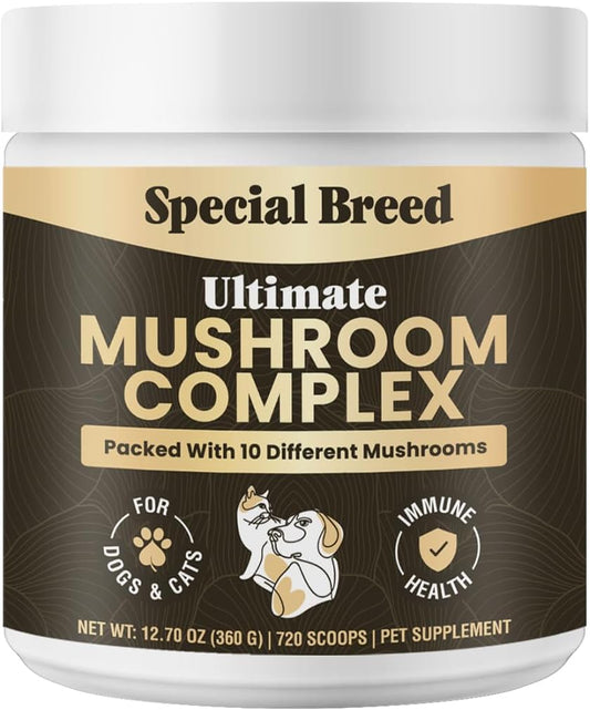 Mushroom Powder for Dogs & Cats - Organic Mushroom Complex for Immunity Support, Immune Function, Cognition, Vitality - Ten Mushroom Supplement with Turkey Tail, Lion's Mane, Reishi - 720 Scoops