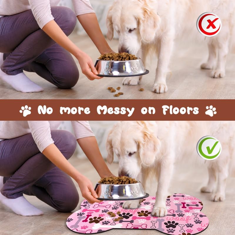 Dog Food Mats for Floors Waterproof, Pet Feeding Absorbent Water Bowl Mat Cat Placemats Pink Bone Shape 25.5 * 17 inch