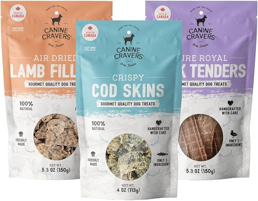 Canine Cravers Single Ingredient Dog Treats – Healthy and Nutritious Human Grade Air Dried Hypoallergenic Pet Food - Grain Free, Gluten Free and No Soy – 100% All Natural Variety New 3 Pack