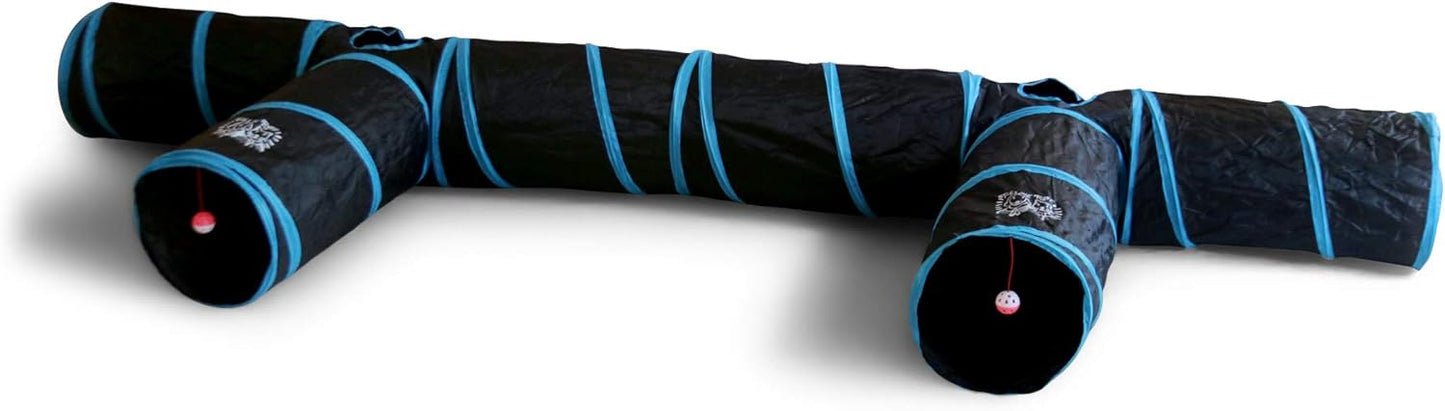 Feline Ruff Premium 3 Way Cat Tunnel. Extra Large 12 Inch Diameter and Extra Long. A Big Collapsible Play Toy. Wide Pet Tunnel Tube for Other Pets Too! (3 Way Two Pack + Teaser Wand!)