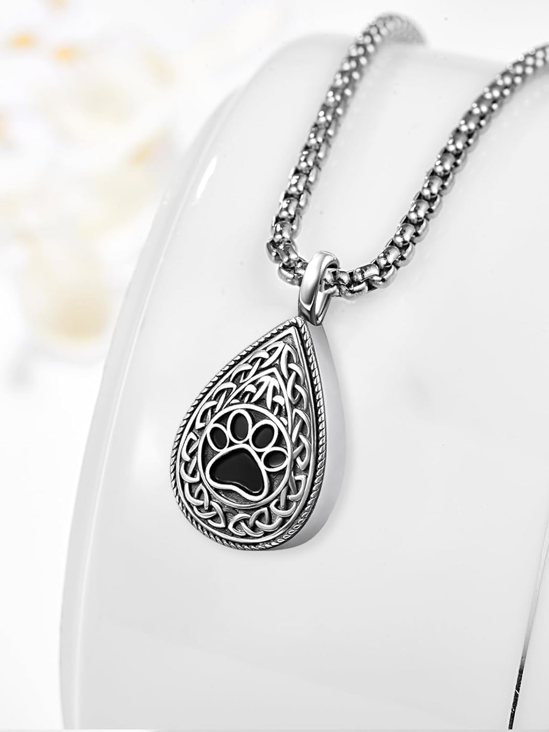 Pet Cremation Urn Necklace for Dog Cat Ashes 925 Sterling Silver Paw Print Keepsake Pendant Celtic Knot Memorial Jewelry for Women Men