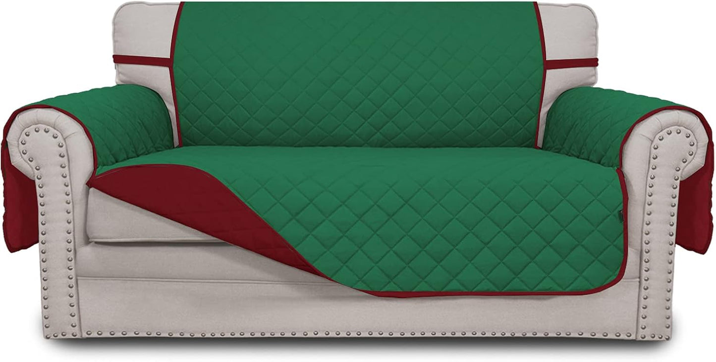 Easy-Going Reversible Loveseat Couch Cover for 2 Cushion Couch Sofa Cover for Dogs Water Resistant Furniture Protector with Foam Sticks Elastic Straps for Pet (Loveseat, Green/Christmas Red)