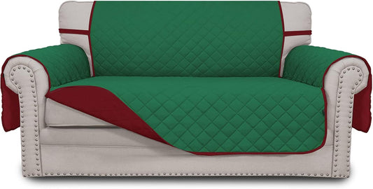 Easy-Going Reversible Loveseat Couch Cover for 2 Cushion Couch Sofa Cover for Dogs Water Resistant Furniture Protector with Foam Sticks Elastic Straps for Pet (Loveseat, Green/Christmas Red)
