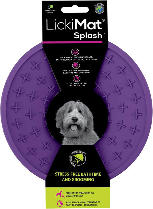 LickiMat Splash, Dog Slow Feeder Bowl Lick Mat, Boredom Anxiety Reducer, Sticks to Smooth Surface; Perfect for Food, Treats, Yogurt, or Peanut Butter. Fun Alternative to a Slow Feed Dog Bowl, Purple