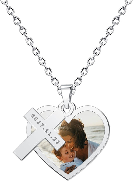 CharmSStory Personalized Photo Necklaces Custom Engraved Name Necklace Memory Keepsake Picture Necklace Pendant Customized Gifts for Women Men