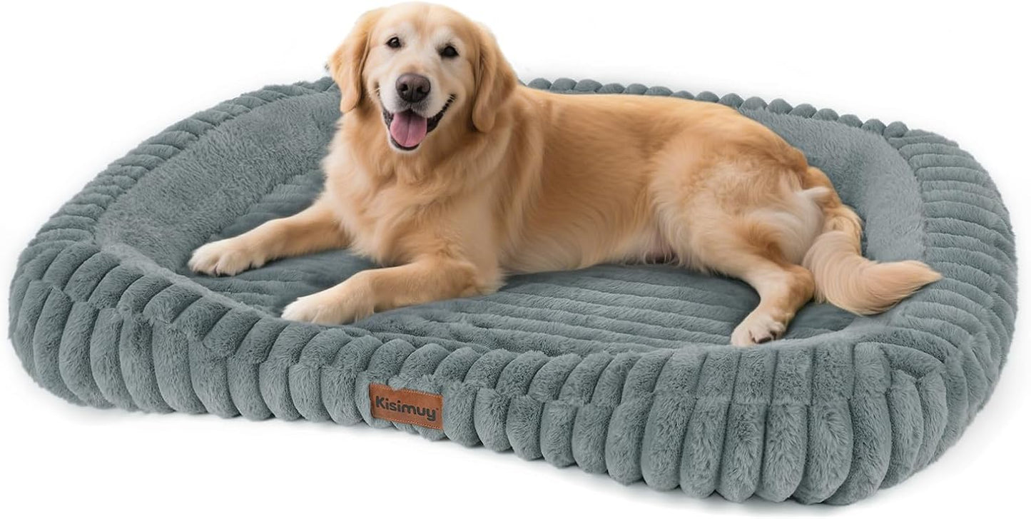 Cute Extra Large Dog Beds, XL Anti-Anxiety Grey Dog Bed with Removable Washable Cover and Anti-Slip Bottom, Comfy Calming Pet Crate Bed with Handle, 43x31x5inches