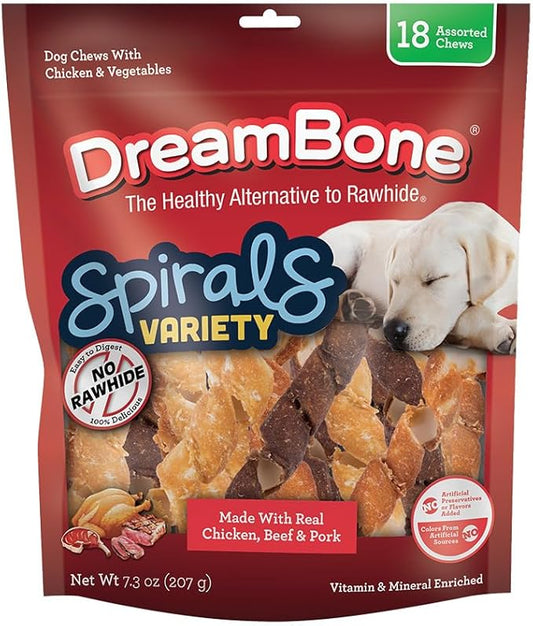DreamBone Spirals Variety Pack, No-Rawhide Chews For Dogs, 18 Spiral Chews