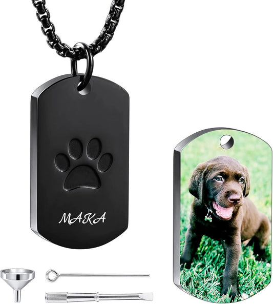 Personalized Urn Necklace for Pet Ashes Custom Photo/Name/Date Paw Print Pendant for Women Men Cremation Jewelry Memorial Keepsake for Dog/Cat/Pet Urn Necklace with Funnel Fill Kit