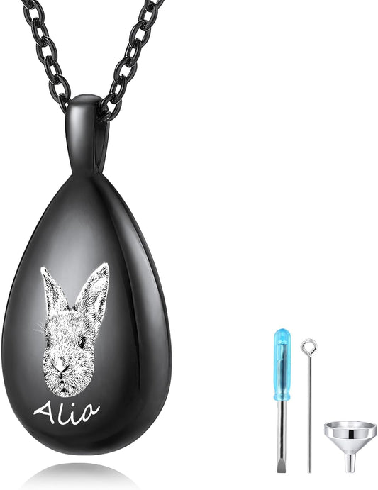 MMXX Personalized Pet Portrait Teardrop Urn Necklace with Name/Photo Stainless Steel Pendant - Cremation Jewelry for Pet Memorial Gifts - Funnel Kit Included