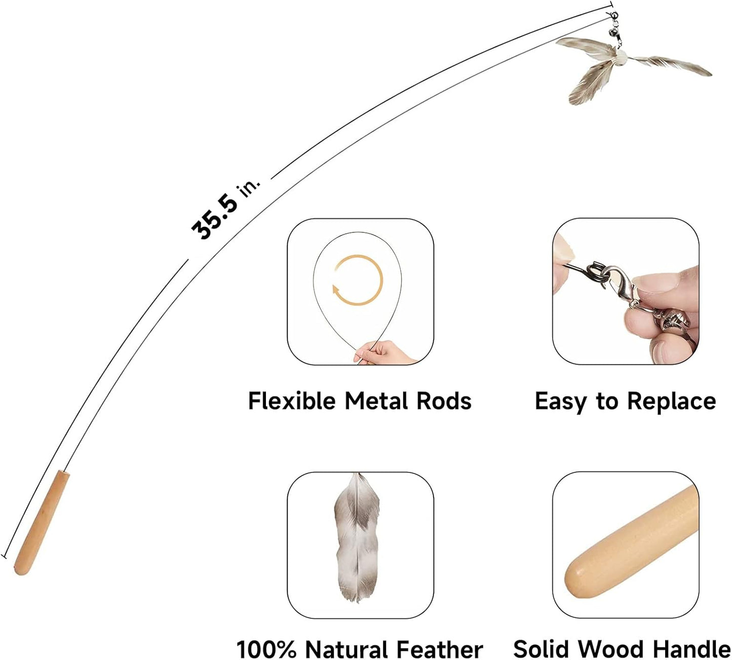 FUKUMARU Cat Wand Toy, 35.5 Inch Cat Feather Propeller Toy with Bell, Steel Wire Cat Toy for Indoor Cats with Natural Feather