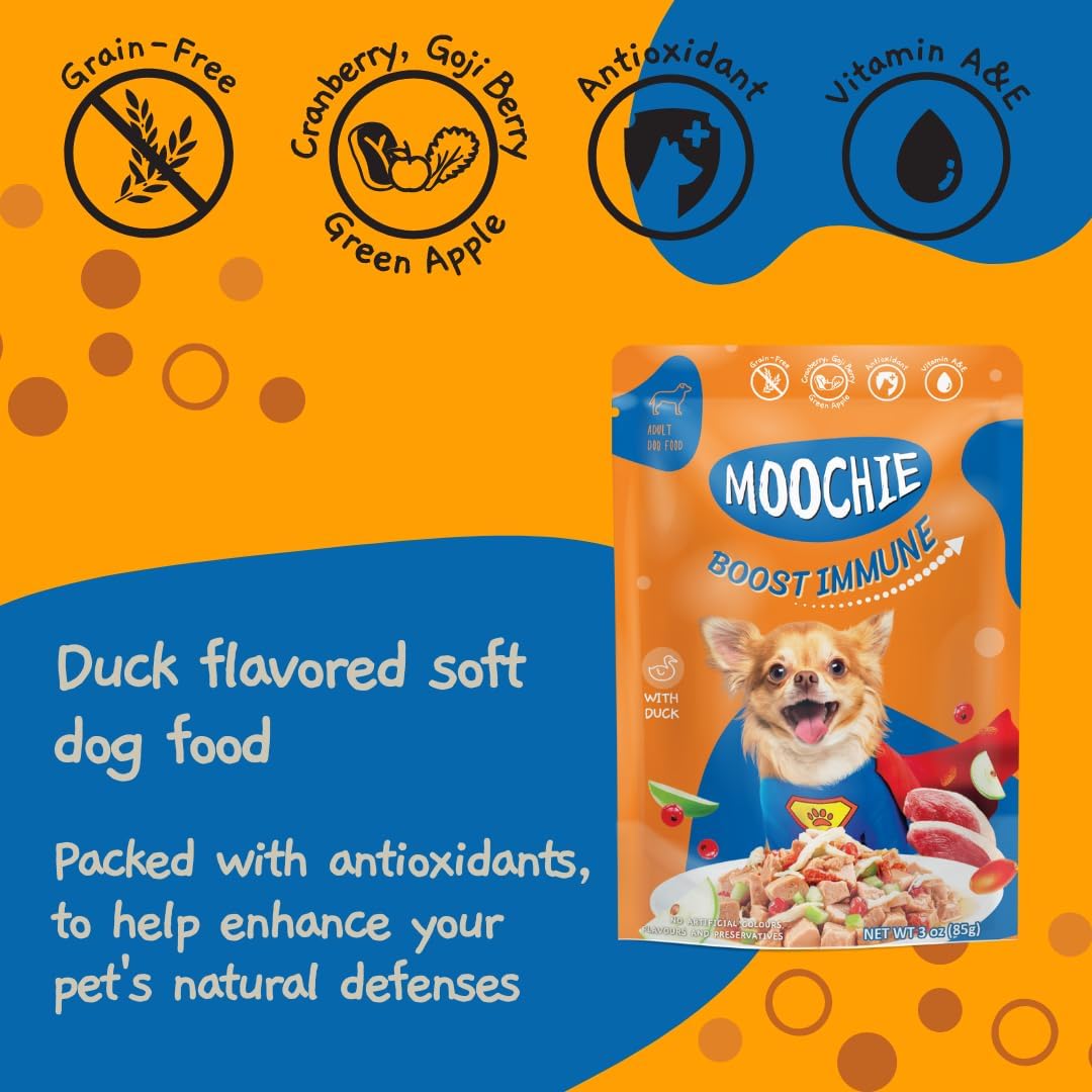 MOOCHIE Soft Wet Dog Food - Superfood Selection - Duck, Salmon & Chicken Liver Flavors - No Artificial Flavors or Preservative -12 x 2.5 oz Pouch