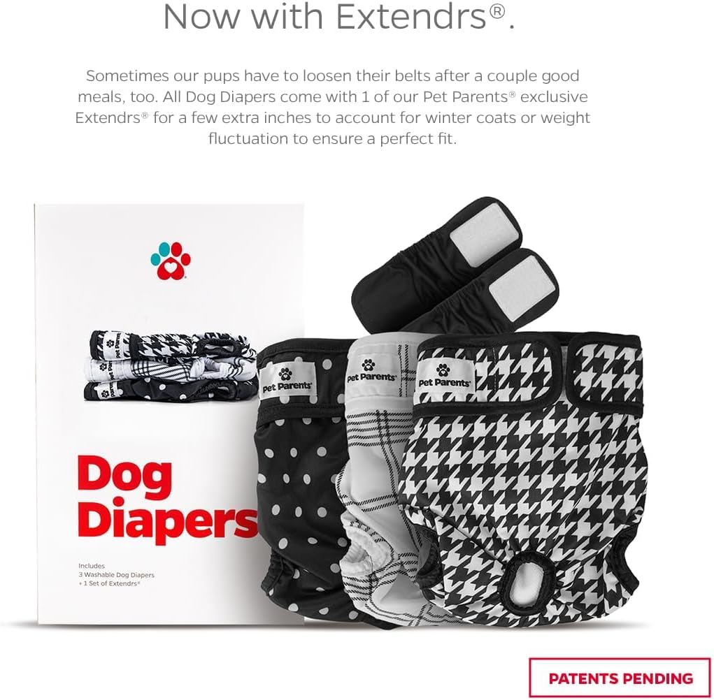 Pet Parents® Washable Dog Diapers (3pack) + Extendrs® of Durable Doggie Diapers, Premium Dog Diapers Female (X-Small, Luxe)