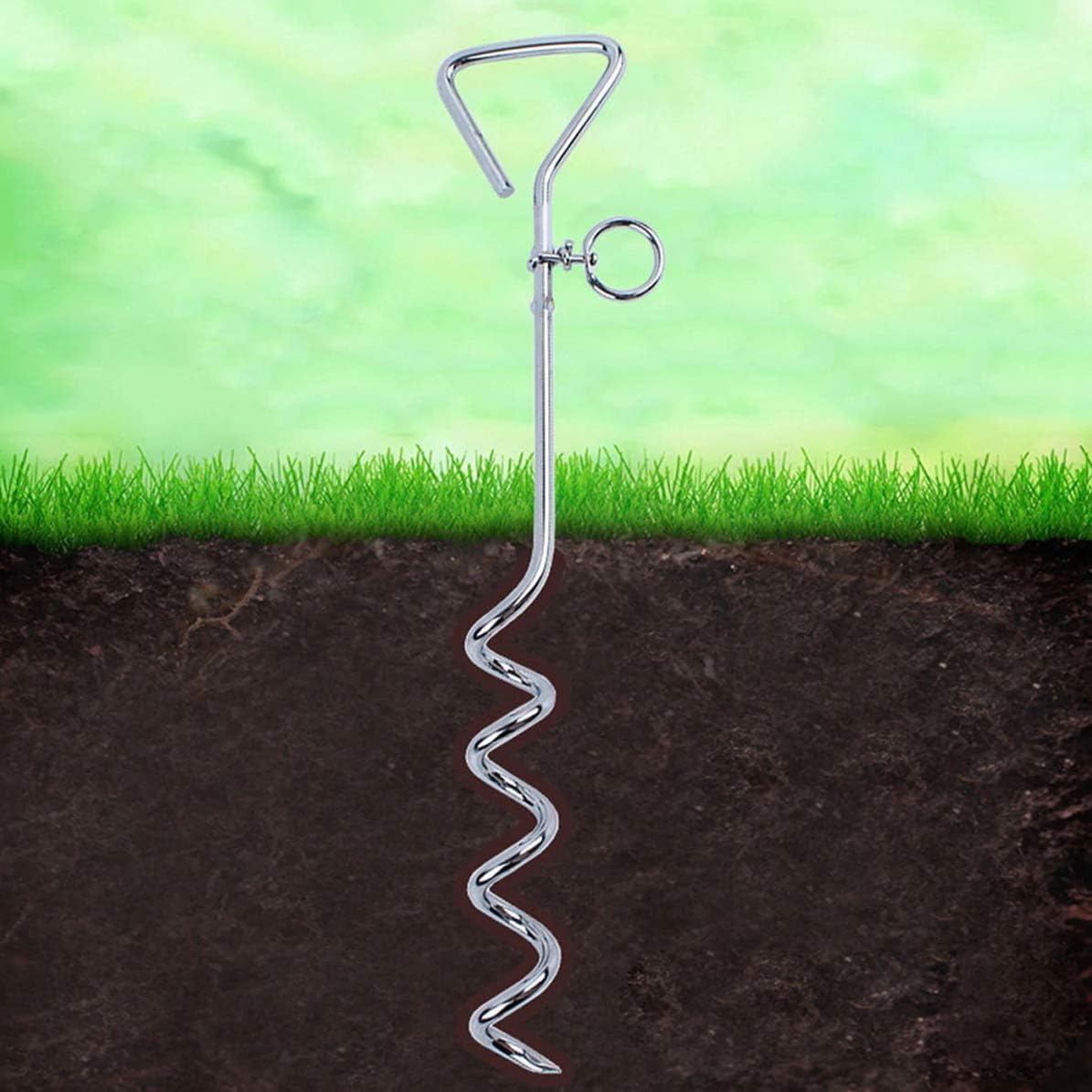 Katzco Chrome Dog Corkscrew Stake with Leash Lead - 25 Foot Cable with 80 lb Pull Strength - Heavy-Duty Outdoor Tie-Out for Large, Medium, and Small Energetic Dogs - Backyard Summer Dog Run - Red