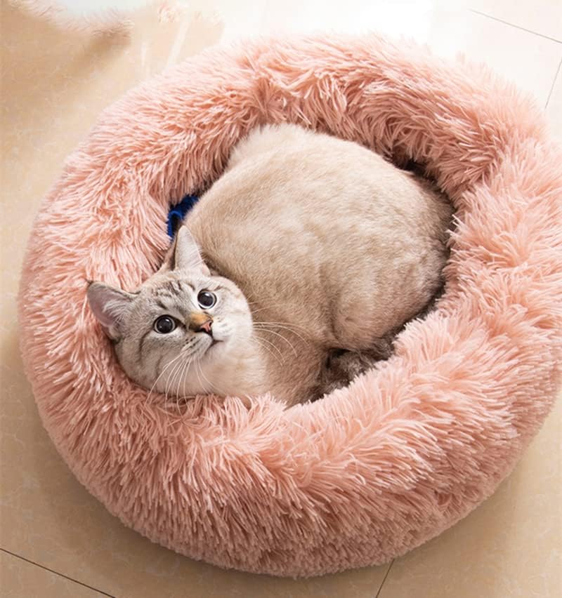 Large Cat Beds for Indoor Cats - Dog Beds for Small Medium Dogs, Anti Anxiety Round Fluffy Plush Faux Fur Pet Bed, Thick Bottom (Pink, Large 24" L x 24" W)