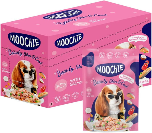MOOCHIE Grain Free Small Dogs Wet Dog Food - Skin and Coat - Salmon, Chicken & Beef - No Artificial Flavors or Preservative - 12 x 3 oz Pouch