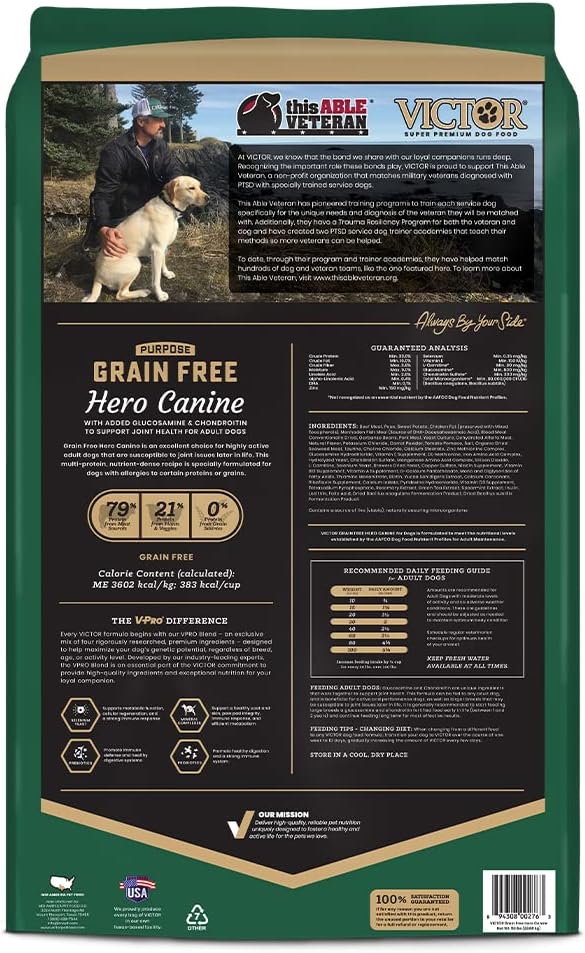 VICTOR Super Premium Dog Food – Purpose Hero Canine Kibble – Premium Gluten Free Dog Food for Active Adult Dogs – High Protein with Glucosamine and Chondroitin for Hip and Joint Health, 50lbs