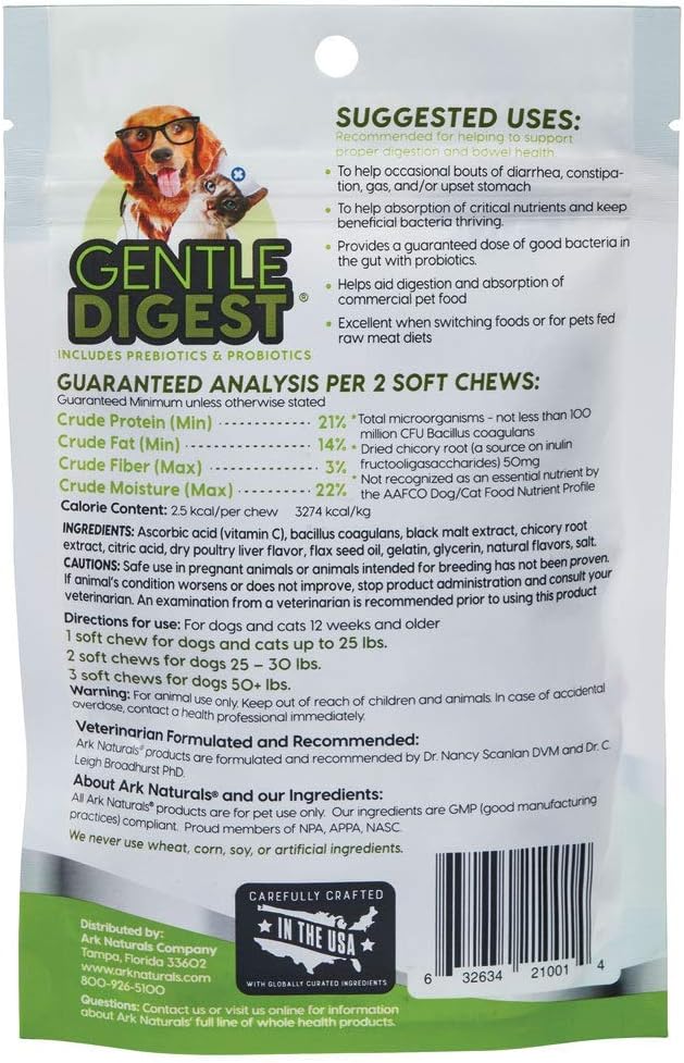 ARK NATURALS Gentle Digest Soft Chews, Vet Recommended Dog and Cat Prebiotics and Probiotics, Digestive and Immune System Support, 2 Pack