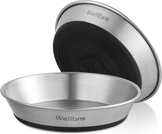 Cat Bowls, 2 Pcs Stainless Steel Cat Bowls for Food and Water, Whisker Fatigue Shallow Non-Slip Dishes Plates for Small Dog Puppies Cats