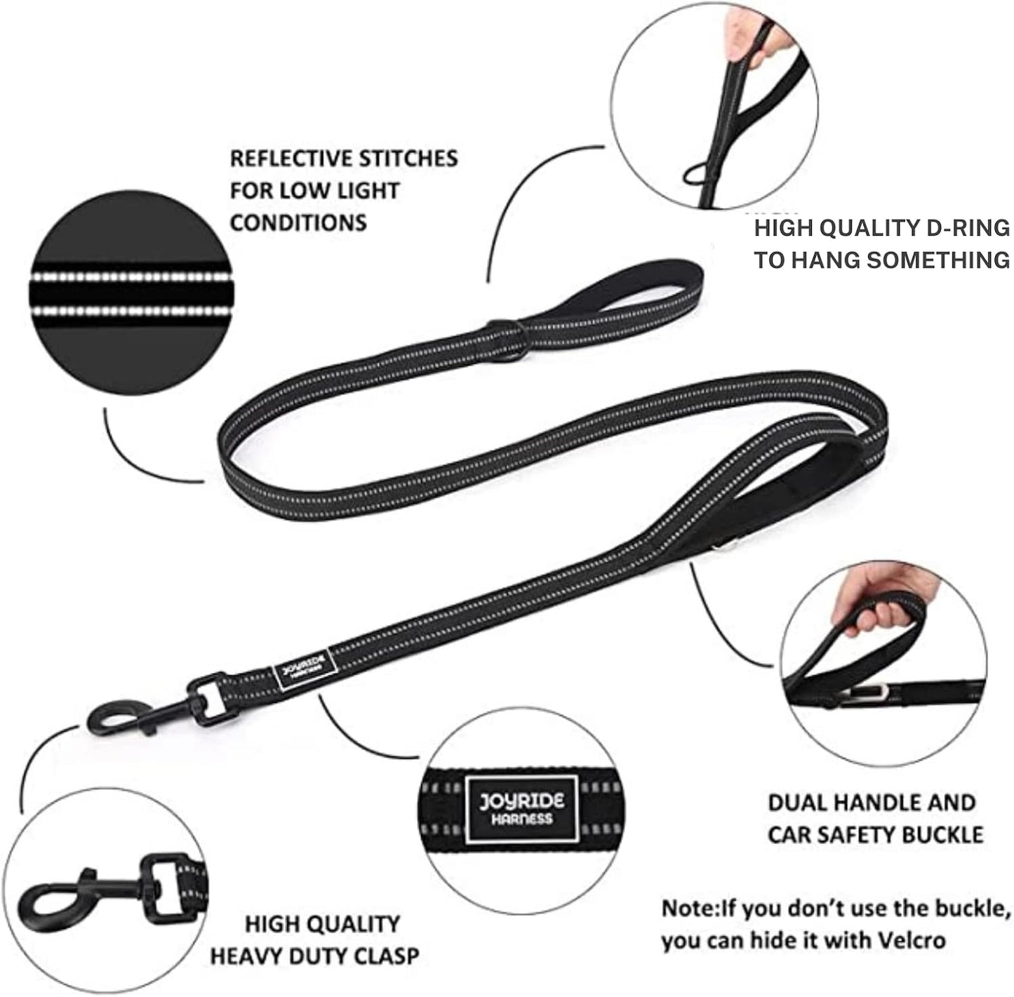 Joyride Harness 2-in-1 Leash with Seat Belt Combo, 43” Dual Use Pet Safety Seatbelt, Dual Handle and Car Safety Buckle, Thick Heavy Duty Nylon & Retractable Harness Clasp - Reflective Safety Stitching