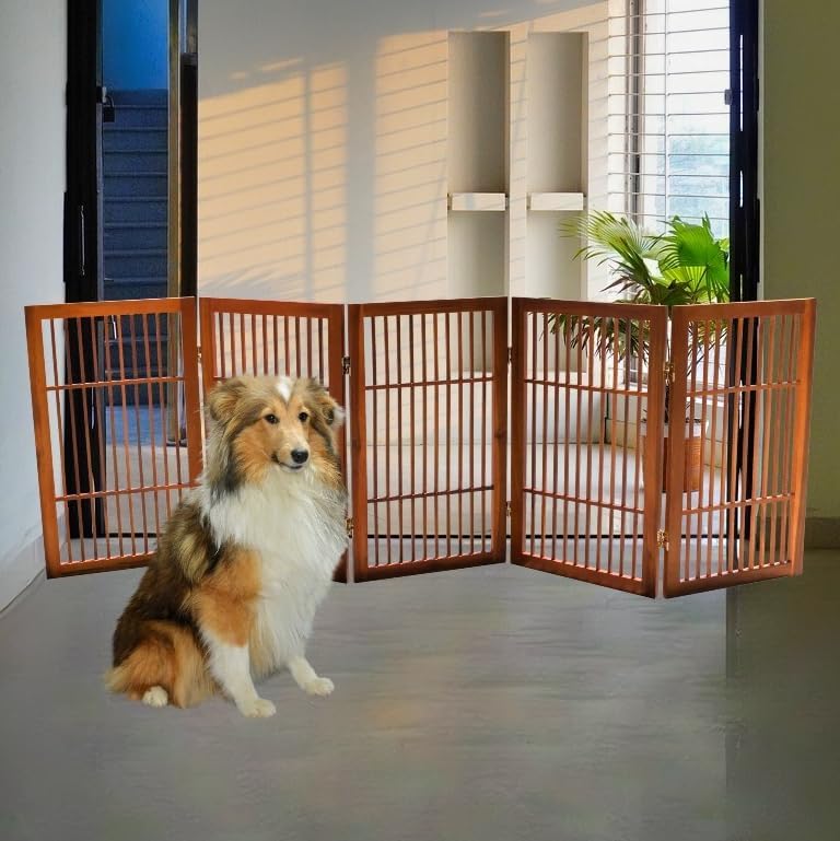 Pet Dog Gate Strong and Durable Freestanding Folding Acacia Hardwood Portable Wooden Fence Indoors or Outdoors by Urnporium (Brown Pet Gate, 5 Panel 30" Tall)