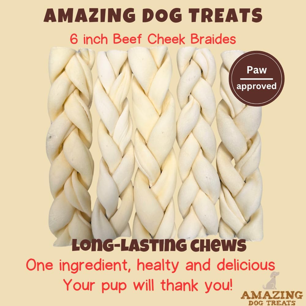 Amazing Dog Treats - Beef Cheek Braids Dog Chew (6 Inch - 50 Count) - NO Odor - Rawhide Alternative - Beef Cheek Slice Chip Sticks - No Dyes, Chemicals, or Preservatives
