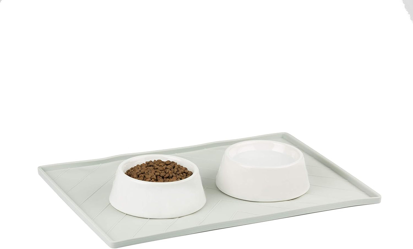 Messy Mutts Silicone Non-Slip Dog Bowl Mat with Raised Edge and Two Sides Reinforced with Metal Rods | Dog/Cat Bowl Mat with Spill-Proof Lip | Large, 24” x 16” | Light Grey