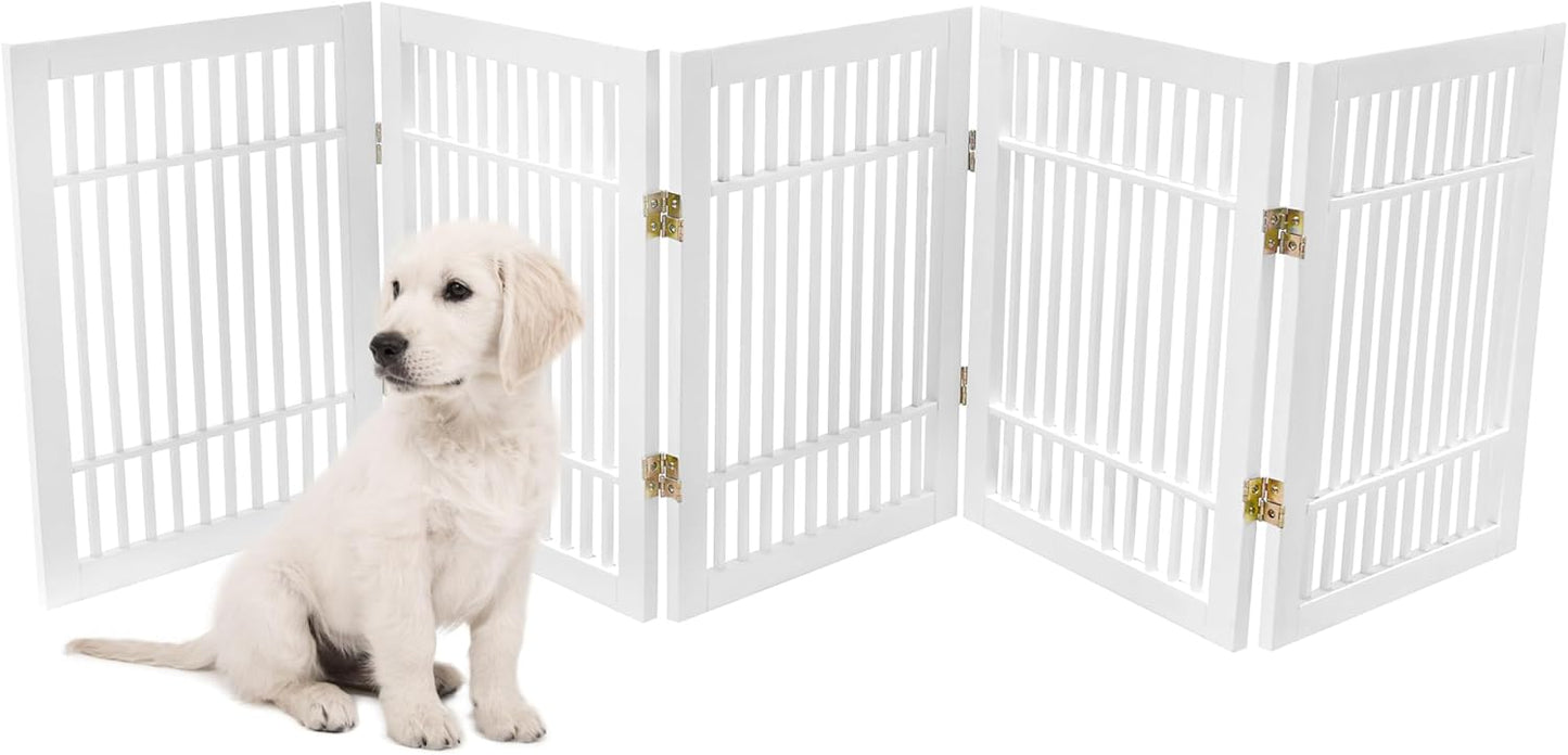 Pet Dog Gate Strong and Durable Freestanding Folding Acacia Hardwood Portable Wooden Fence Indoors or Outdoors by Urnporium (White Pet Gate, 5 Panel 24" Tall)