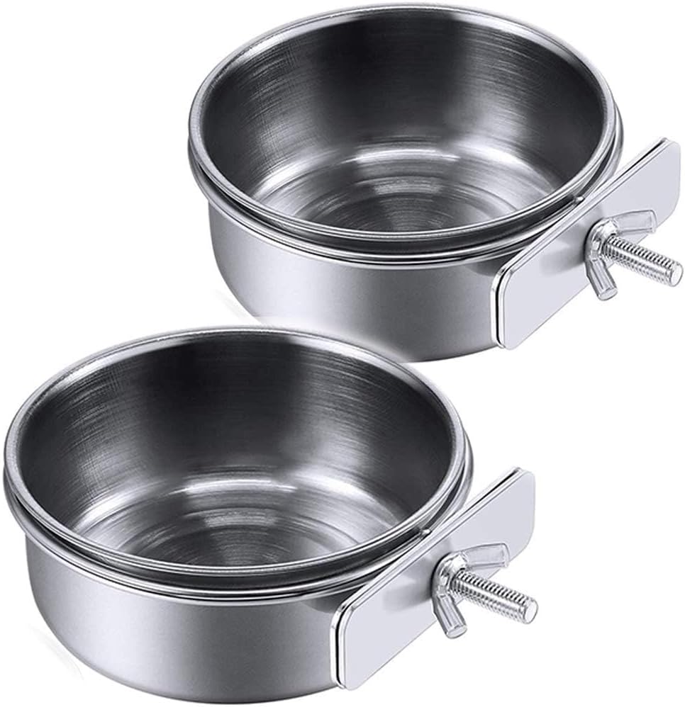 PINVNBY 2PCS Parrot Feeding Cups Birds Food Dish Stainless Steel Parrot Feeders Water Cage Bowls with Clamp Holder for Cockatiel Conure Parakeet Parrot Macaw Small Animal (Size: M)
