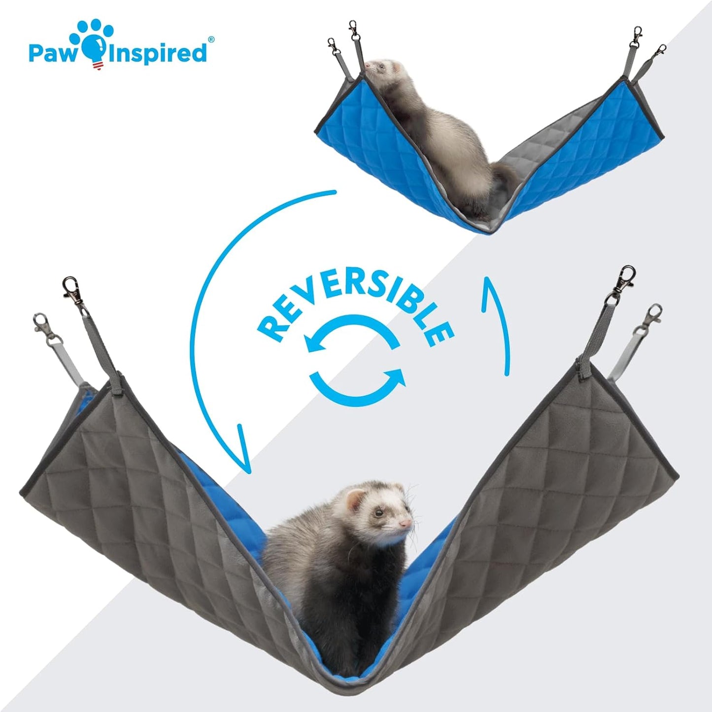 Paw Inspired Hanging Fleece Hammock for Ferrets, Rats, Chinchillas, Sugar Gliders, Small Pets | Hideout Toy for Guinea Pigs, Hamsters | Swivel Clips for Small Animal Cages (Gray/Blue)