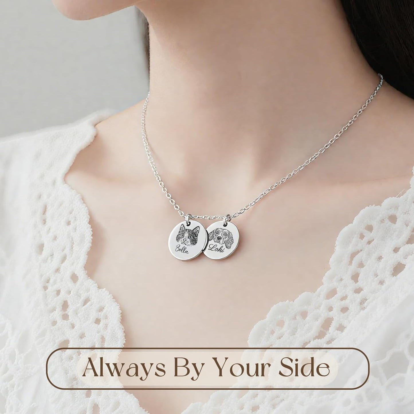 Personalized Pet Portrait Necklace Customized Pet Memorial Necklaces Dog Necklace for Women Custom Pets Necklaces Dog Memorial Jewelry for Dogs Dad (Silver, 2 Portrait)