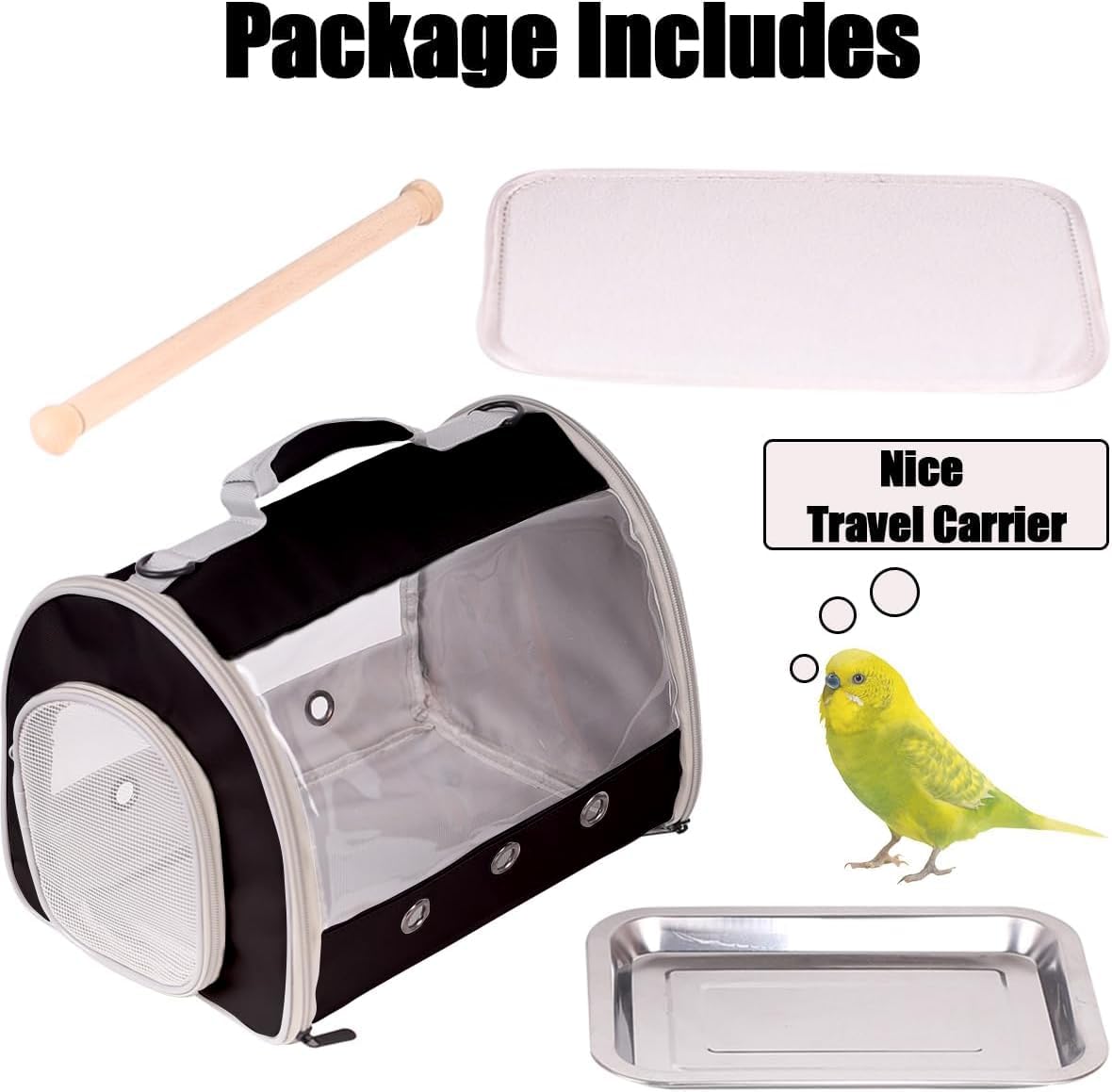 Bird Carrier, Portable Small Bird Parrot Parakeet Carrier with Standing Perch and Stainless Steel Tray, Side Access Window Collapsible (Black, Cylinder Design - Clear)