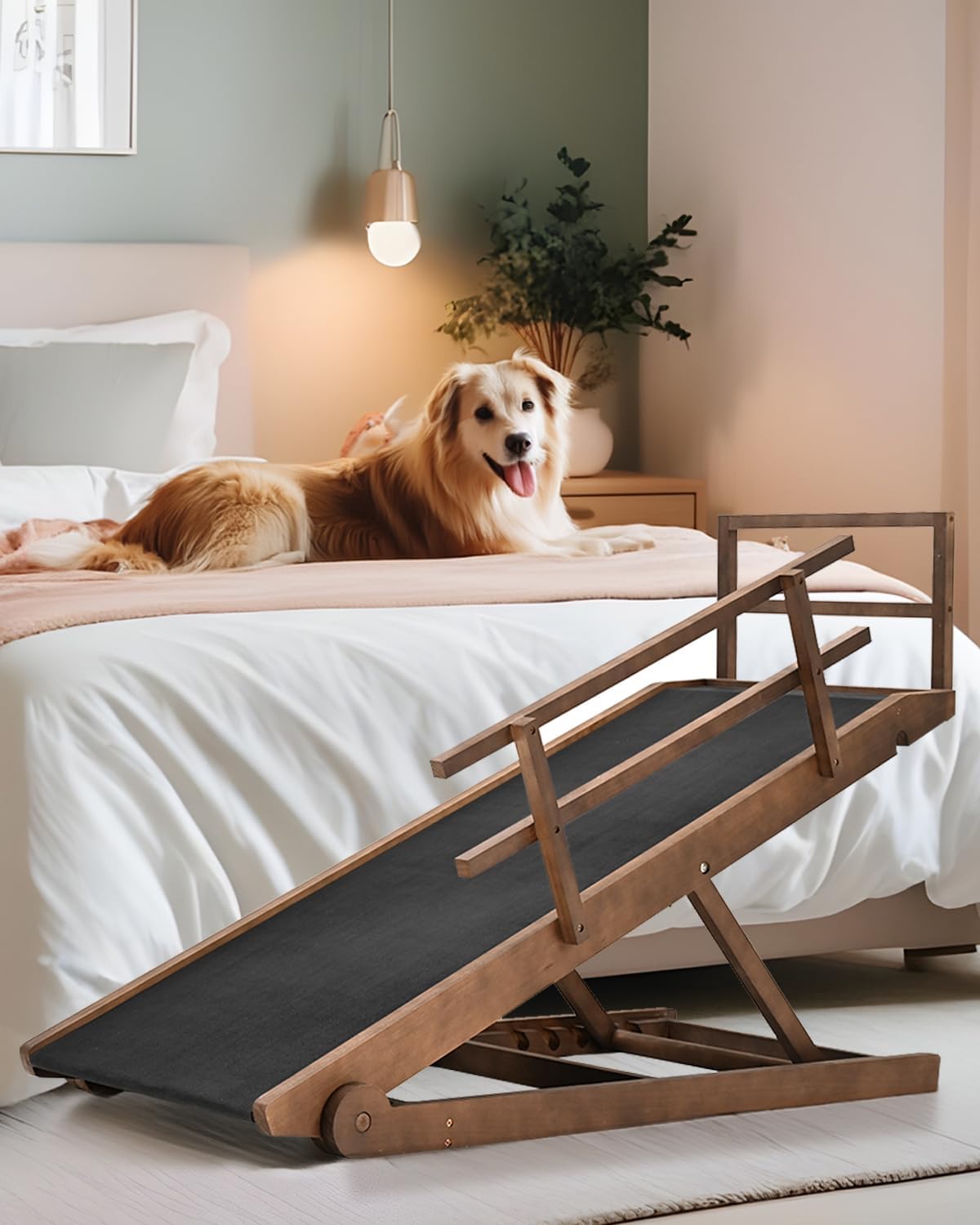 Dog Ramp for Bed, Adjustable Pet Ramp for Dogs to Get on Bed, Folding Dog Bed Ramp for Small/Medium/Large Dog/Cat, Wood Furniture Dog Ramp for High Bed/Couch, Adjustable from 15" to 24" Height