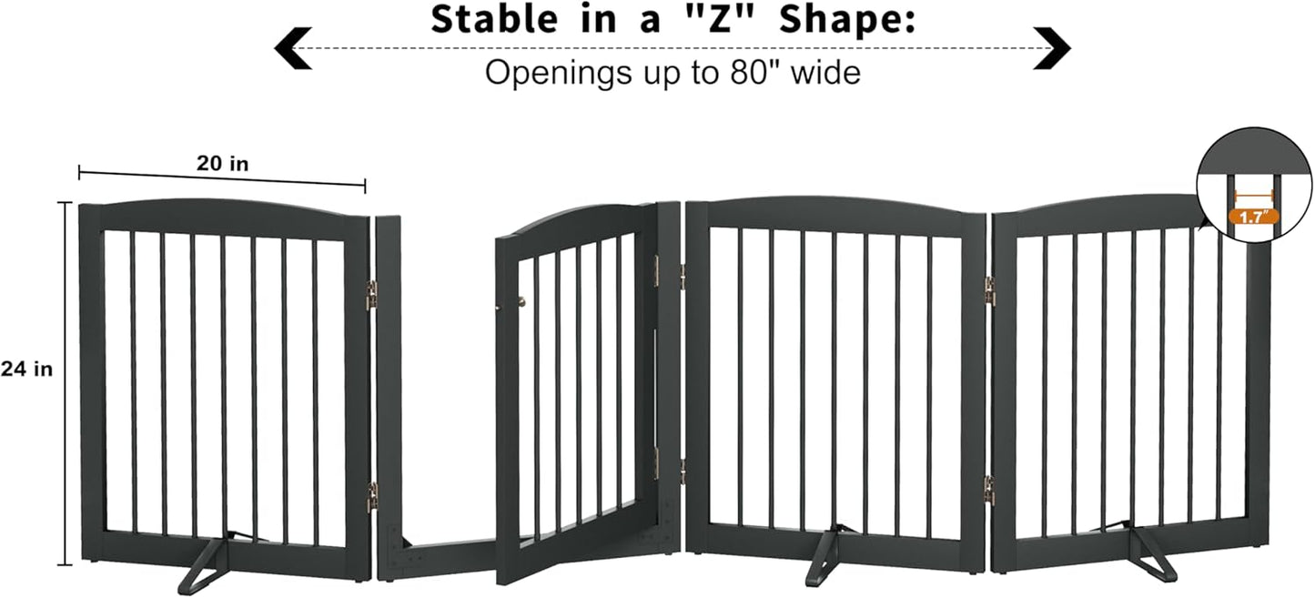 Freestanding Dog Gate with Door, Pet Gate for Stairs, 80 inch Wide Pet Barrier Indoor, Dog Fences Indoor, Support Feet Included, 4 Panels, 24" Tall, Grey