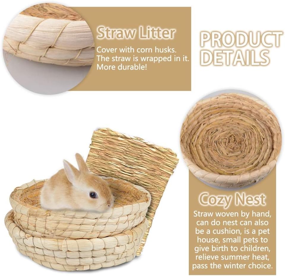 Bunny Grass Bed Guinea Pig Straw House Nest Hay Mats Grass Basket Hatch Chew Toy for Dwarf Rabbit Chinchillas Hamster Fancy Rat Pigeon Parrot 3 Pcs